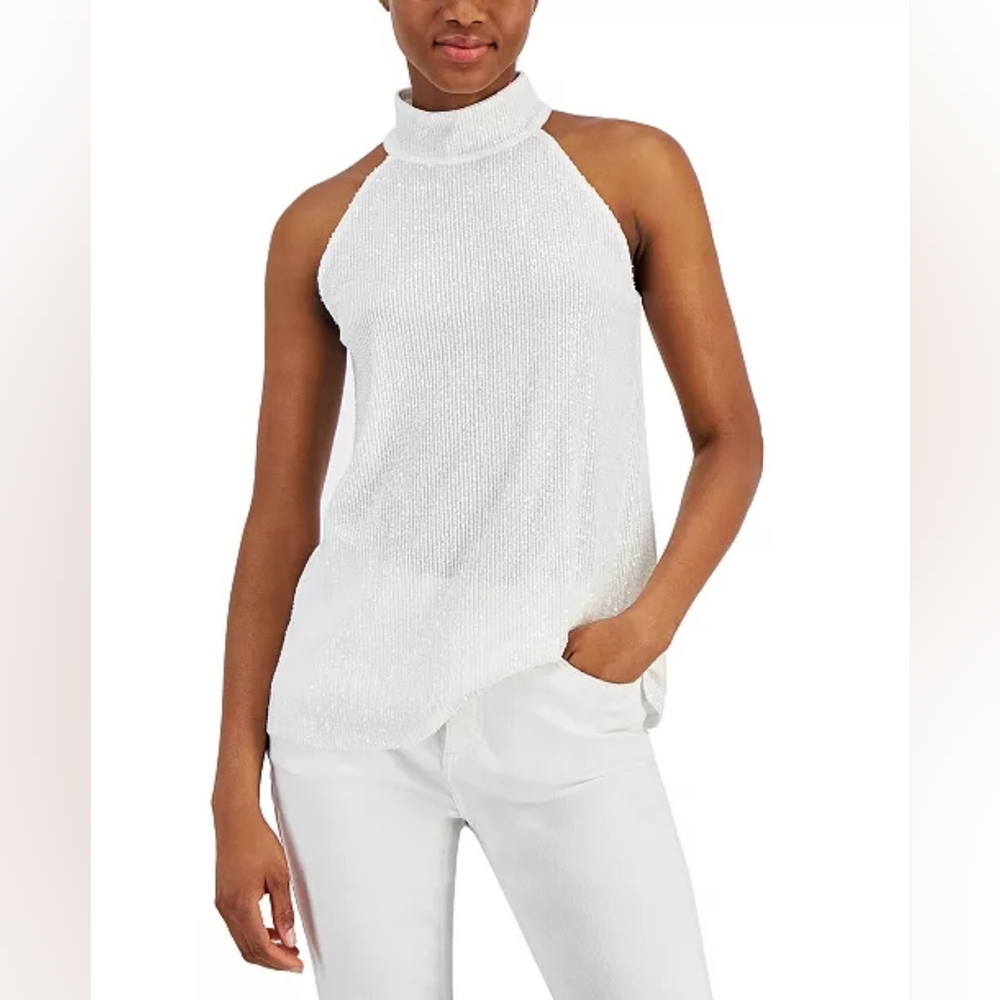 INC International Concepts White Sequin Sleeveless Mock neck Top Med New